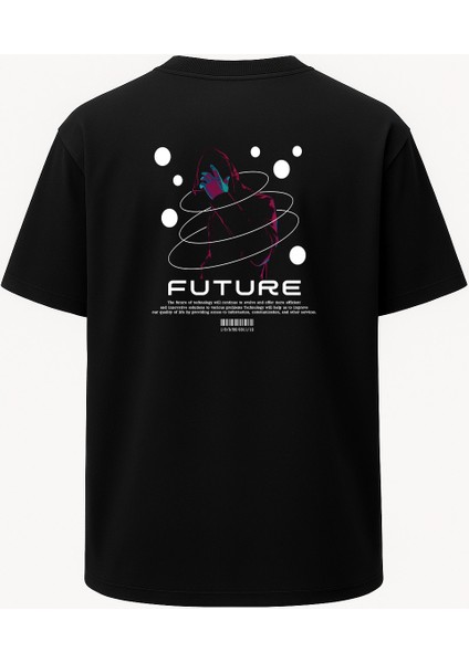 Oversize Future Gelecek Baskılı Unisex Tişört Siyah