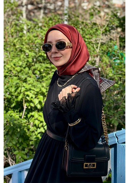 Bordo Kenar Leopar Twill Ipek Eşarp