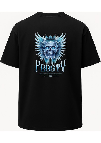 Oversize Frosty Mavi Kurukafa Baskılı Unisex Tişört