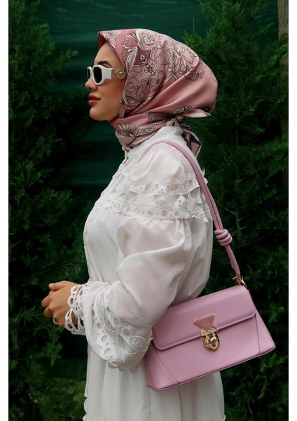 Pembe Varak Desenli Twill Ipek Eşarp
