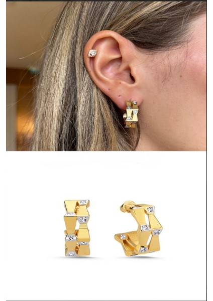 Kadın Küpe Özel Seri Iki Geometrik Halka Zirkon Taş Detay Küpe