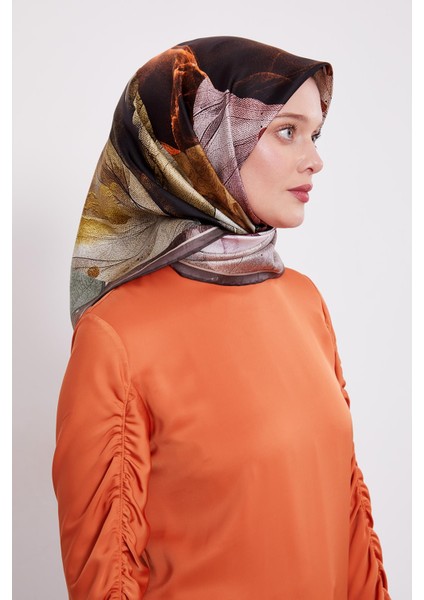 Acı Kahve Ebruli Desen Twill Ipek Eşarp