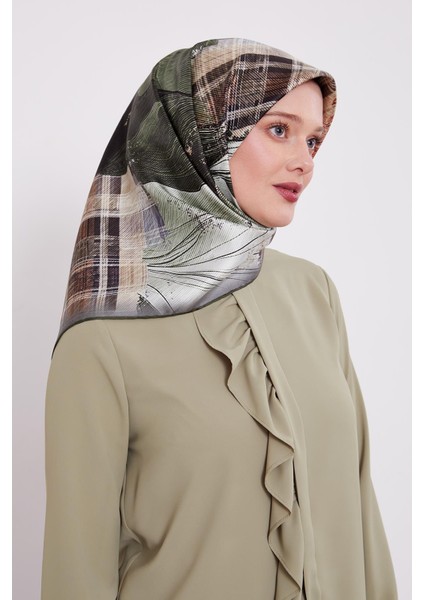 K.Yeşil İnce Çizgi Desen Twill İpek Eşarp