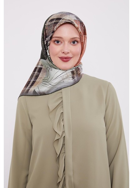 K.Yeşil İnce Çizgi Desen Twill İpek Eşarp modelleri