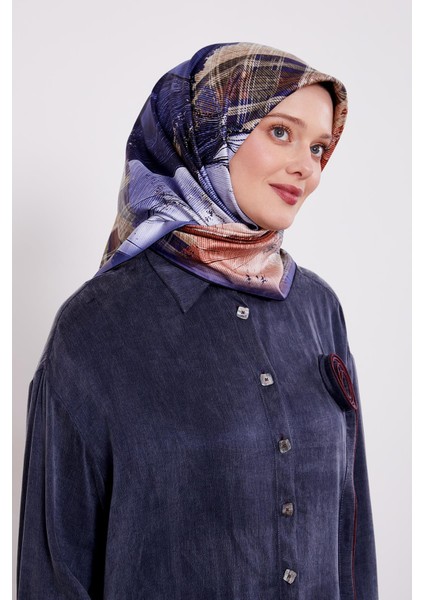 Indigo Karışık Desen Twill Ipek Eşarp