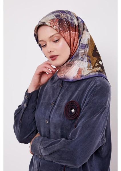 Indigo Karışık Desen Twill Ipek Eşarp