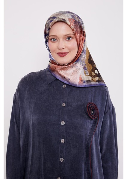 Indigo Karışık Desen Twill Ipek Eşarp