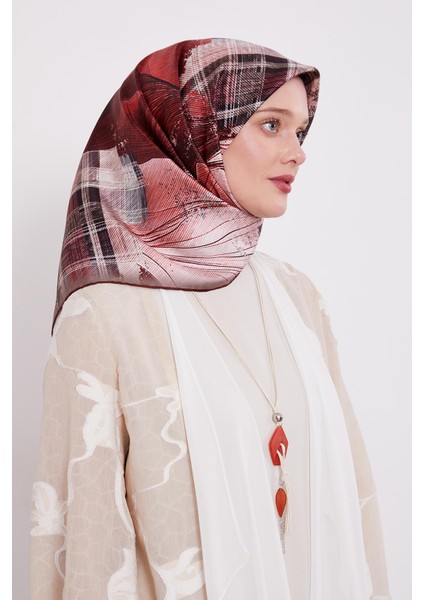 Bordo Karışık Desen Twill Ipek Eşarp