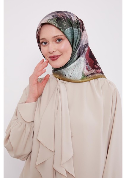 Yeşil İnce Çizgi Desen Twill İpek Eşarp modelleri