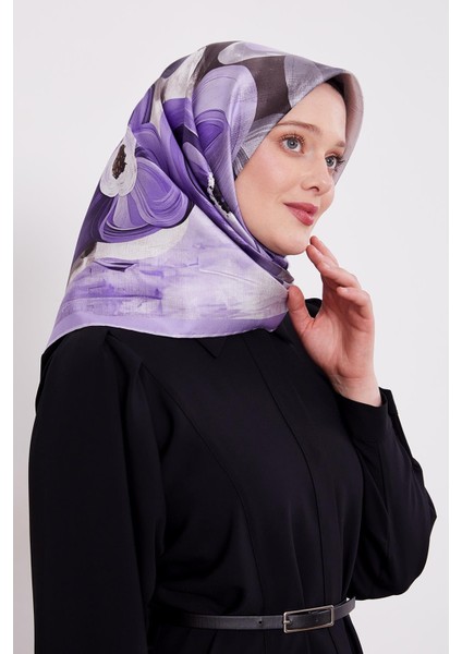 Lila Menekşe Desen Twill Ipek Eşarp