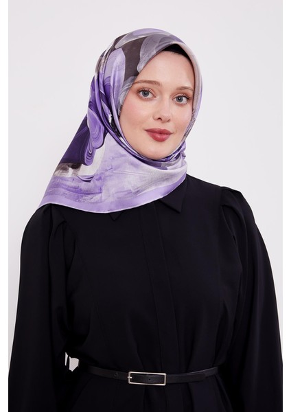 Lila Menekşe Desen Twill Ipek Eşarp modelleri