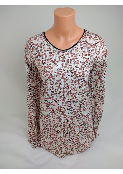 Kadın Kahverengi Bej U Yaka Uzun Ollu Desenli Yırtmaçlı Dokuma Viskon Anne Penye Tişört