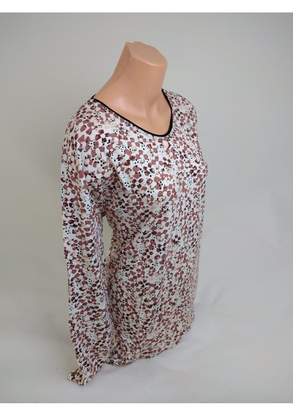 Kadın Kahverengi Bej U Yaka Uzun Ollu Desenli Yırtmaçlı Dokuma Viskon Anne Penye Tişört fiyatları