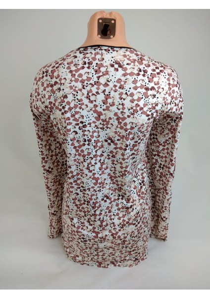 Kadın Kahverengi Bej U Yaka Uzun Ollu Desenli Yırtmaçlı Dokuma Viskon Anne Penye Tişört modelleri