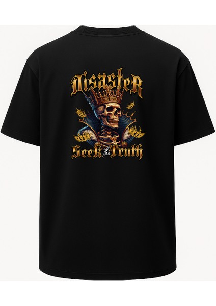 Oversize Disaster Taçlı Kurukafa Baskılı Unisex Tişört