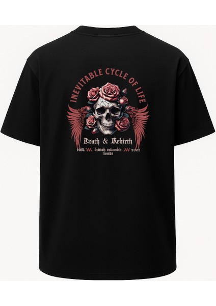 Oversize Death And Rebirth Kurukafa Gül Baskılı Unisex Tişört