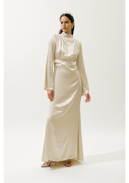 Mıla Taşlı Abiye Elbise Bej