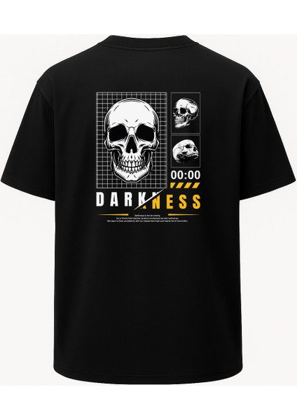 Oversize Darkness Kurukafa Baskılı Unisex Tişört Siyah