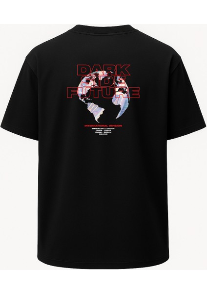 Oversize Dark Side Future Dünya Baskılı Unisex Tişört Siyah