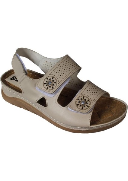 Yazkış Kadın Siyah Krem Önü Çift Bantlı Çırtlı Çrtlı Rahat Comfort Taban Esnek Sandalet