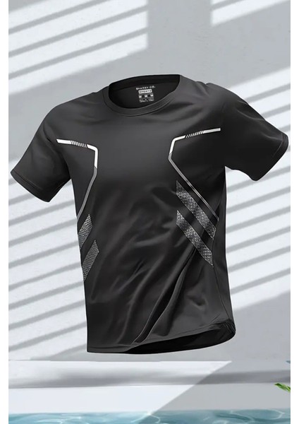 Erkek Ultra Esnek Nem Emici Vücut Geometrik Hızlı Kuruyan Hafif Spor T-Shirt