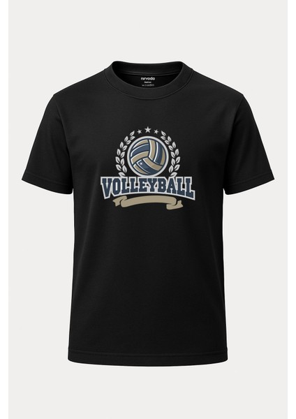 Voleybol Topu Baskılı Unisex Bol Kalıp Bisiklet Yaka Tişört Siyah