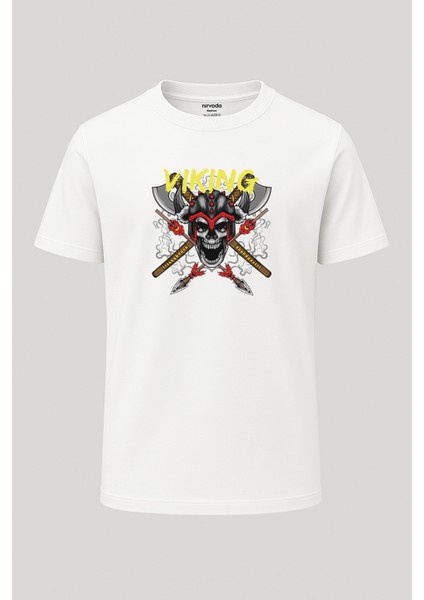 Viking Kurukafa Baskılı Unisex Bol Kalıp Bisiklet Yaka Tişört