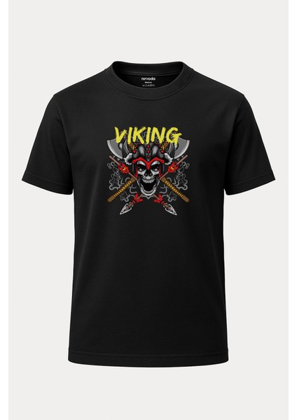 Viking Kurukafa Baskılı Unisex Bol Kalıp Bisiklet Yaka Tişört