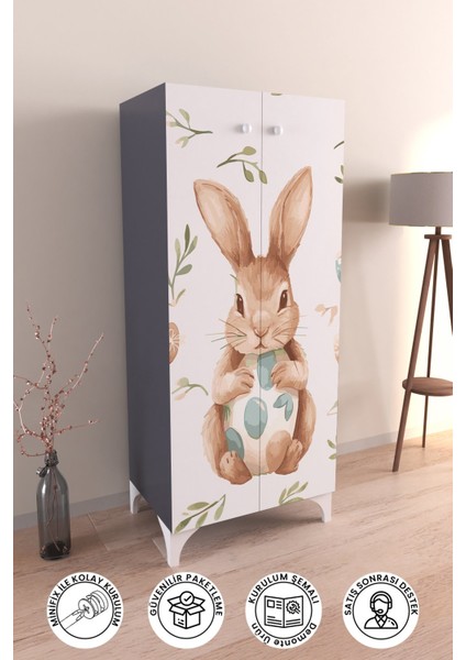 Pretty Rabit 3 Raflı Çocuk Odası Dolabı Çok Amaçlı Baskılı Oyuncak Dolabı