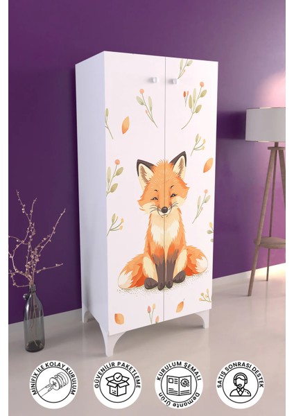 Foxie 3 Raflı Çocuk Odası Dolabı Çok Amaçlı Baskılı Oyuncak Dolabı