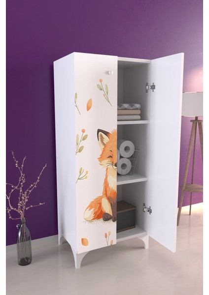 Foxie 3 Raflı Çocuk Odası Dolabı Çok Amaçlı Baskılı Oyuncak Dolabı