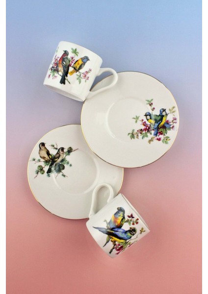 Renkli Kuşlar Altın Yaldızlı Iki Kişilik Kahve Fincan Takımı