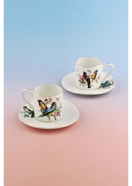 Renkli Kuşlar Altın Yaldızlı Iki Kişilik Kahve Fincan Takımı fiyatları