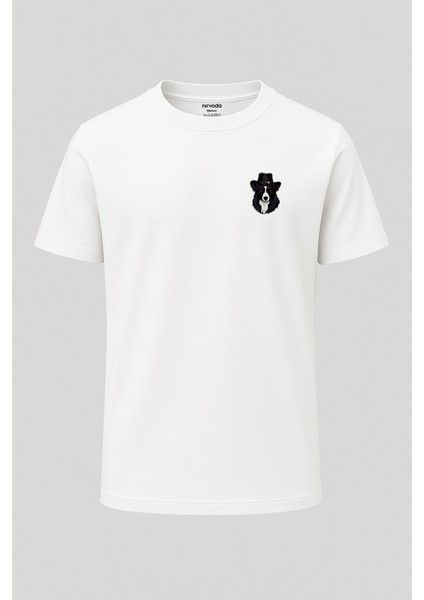 Şapkalı Border Collie Köpek Baskılı Unisex Bol Kalıp Bisiklet Yaka Tişört