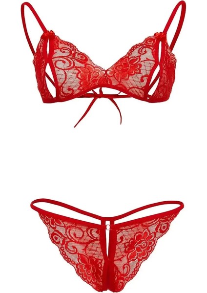 Kırmızı Dantelli Sütyen ve G-String Takım TM2048