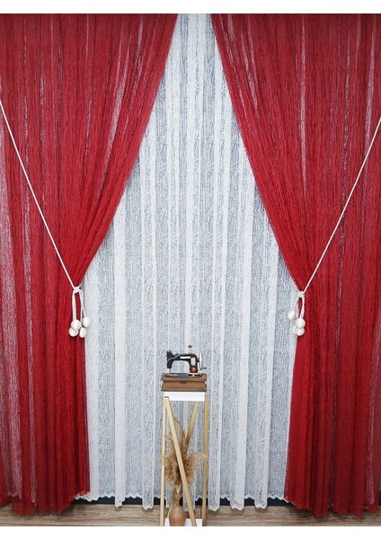 Kırmızı Camkırıgı Sağ/sol Iç Tül Takım Tül Fon Perde