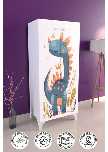 Minik Dino 3 Raflı Çocuk Odası Dolabı Çok Amaçlı Baskılı Oyuncak Dolabı
