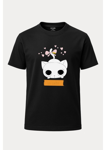 So Cute Sevimli Kedi Baskılı Unisex Bol Kalıp Bisiklet Yaka Tişört
