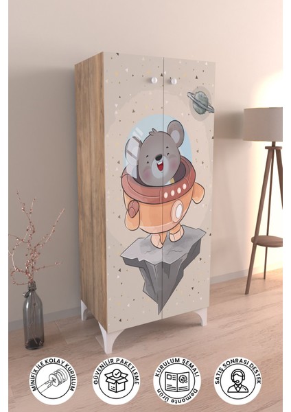 Little Astronaut 3 Raflı Çocuk Odası Dolabı Çok Amaçlı Baskılı Oyuncak Dolabı