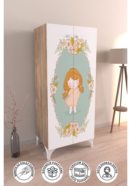 Adorable 3 Raflı Çocuk Odası Dolabı Çok Amaçlı Baskılı Oyuncak Dolabı
