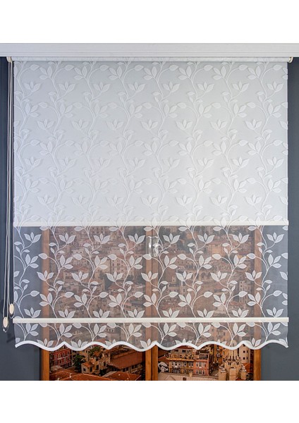 Çift Mekanizmalı Yaprak Desenli Tül Stor Perde