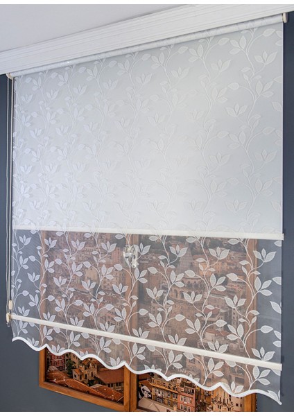 Çift Mekanizmalı Yaprak Desenli Tül Stor Perde modelleri