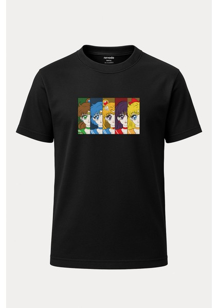 Sailor Moon Kızları Baskılı Unisex Bol Kalıp Bisiklet Yaka Tişört