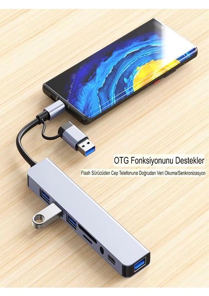 8in2 Alüminyum 4xusb 1xtype-C 3.5mm Jak Tf/sd USB Hub Çoklayıcı Telefon Macbook Çevirici