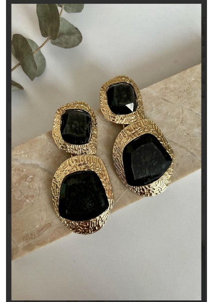 Kadın Küpe Old Money Seri Iki Çizgi Desen Plaka Siyah Taş Sallantı Model Kararmaz Küpe