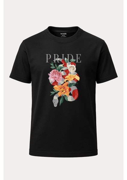 Pride Çiçek Baskılı Unisex Bol Kalıp Bisiklet Yaka Tişört