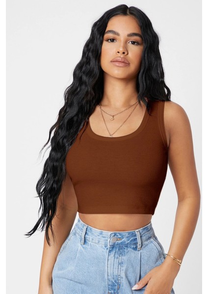 Kadın Kahverengi Kare Yaka Crop Top Bluz