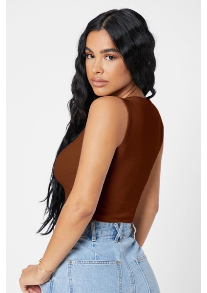 Kadın Kahverengi Kare Yaka Crop Top Bluz