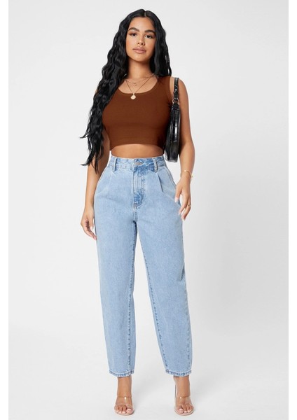 Kadın Kahverengi Kare Yaka Crop Top Bluz
