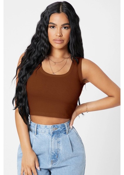 Kadın Kahverengi Kare Yaka Crop Top Bluz